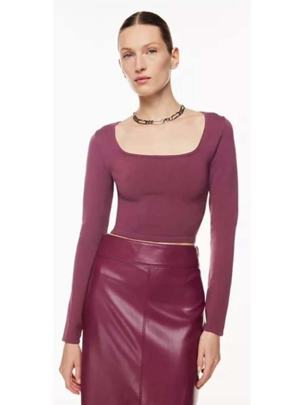 Babaton Aritzia Grapevine Burgundy Purple Sculpt Knit Squareneck Long Sleeve Top